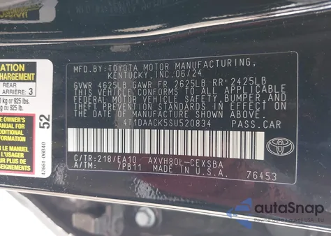 2025 Toyota Camry Se from USA, damaged, VIN 4T1DAACK5SU520834
